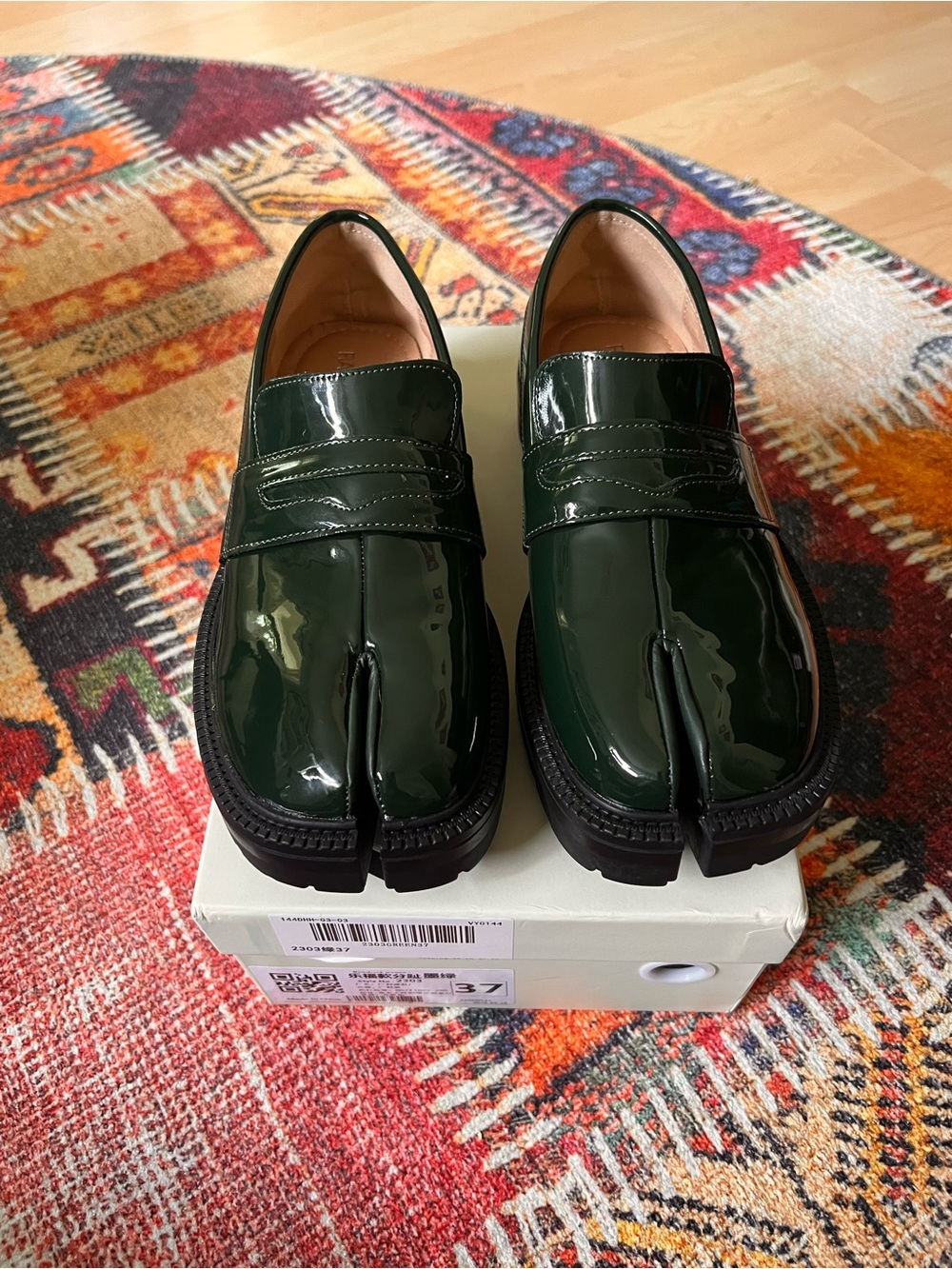 Patent Leather Tabi Loafers in Dark Green